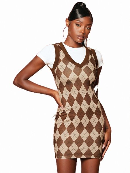 

casual dresses newness argyle print bodycon dress without tee b9mb#, Black;gray