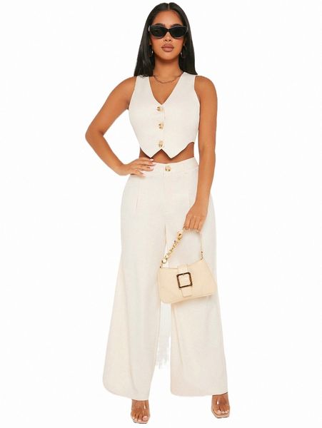 

two piece dress petite button front vest jacket & wide leg pants r6yn#, White
