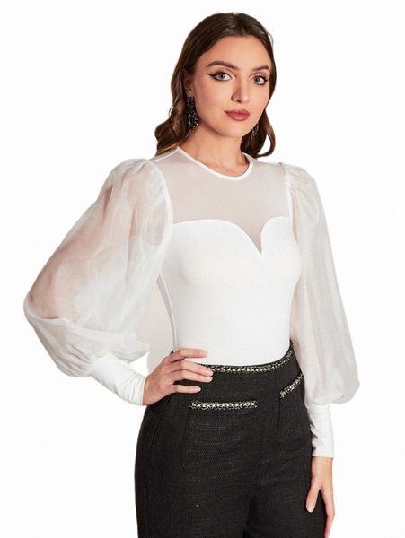 

women's t-shirt contrast mesh lantern sleeve bodysuit f60s#, White