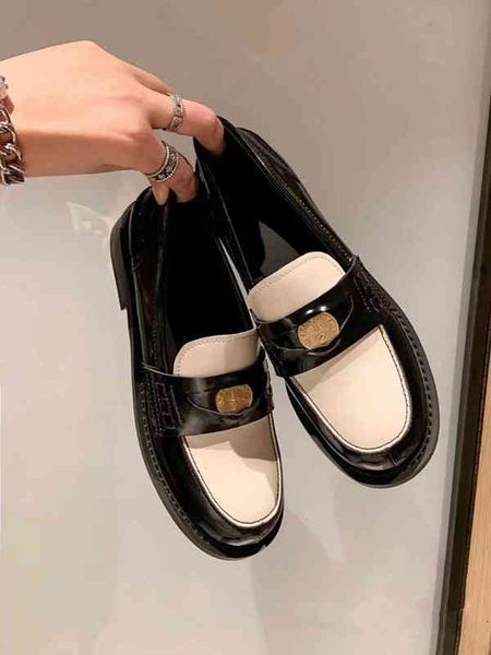 

dress shoes in spring and summer of the miu family patent leather shoes round head flat bottom metal coin lefu women's single, Black