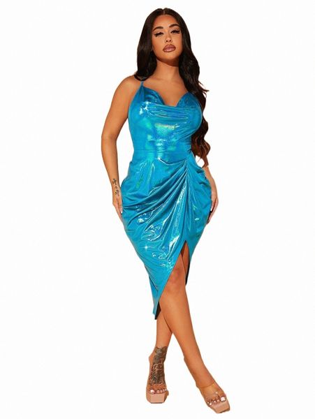 

casual dresses sxy ruched asymmetrical hem metallic cami dress i0z1#, Black;gray