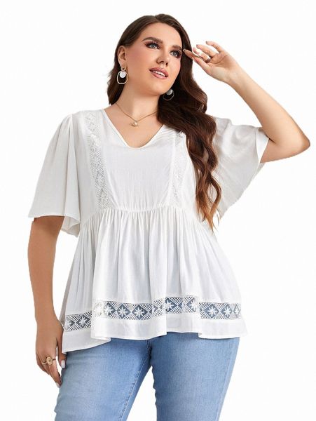 

plus size t-shirt plus contrast lace flutter sleeve peplum blouse f9p9#, Black