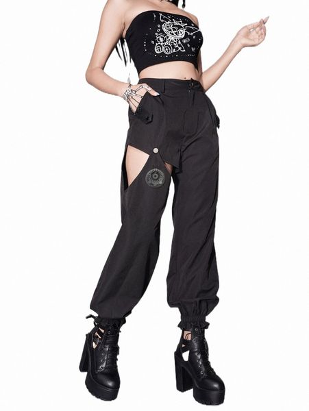 

women's pants & capris high waist cut out cargo pants c9jx#, Black;white
