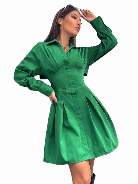 

casual dresses drop shoulder lace up back fold pleated shirt dress c3up#, Black;gray