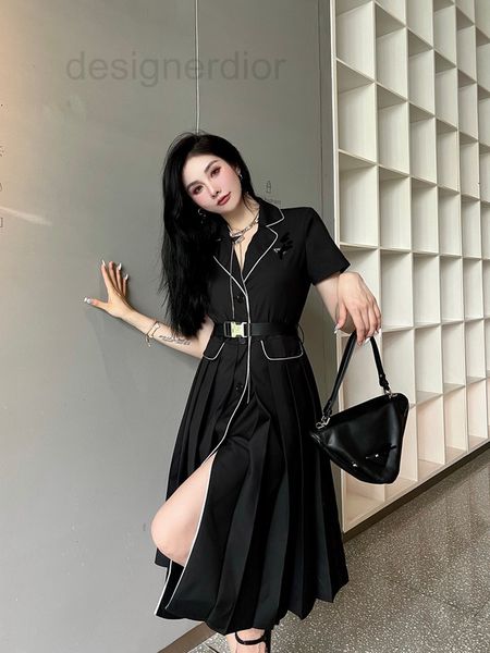 

casual dresses designer p family's new pleated color contrast bordered dress in the early autumn of 22nd triangular label decoration th, Black;gray