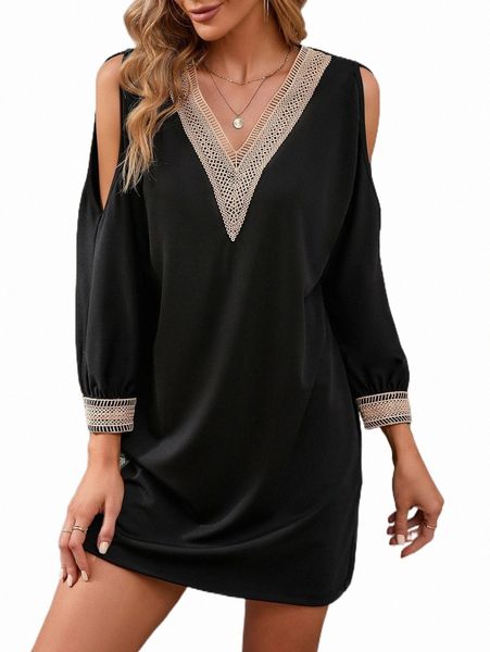 

casual dresses contrast guipure lace cold shoulder dress n3dm#, Black;gray