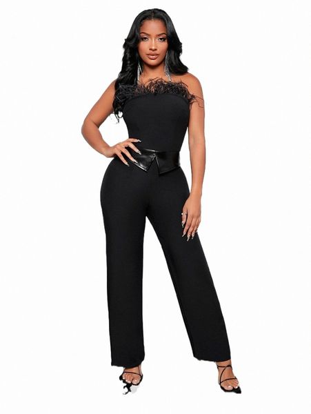 

women's jumpsuits & rompers sxy fringe trim tube jumpsuit e5q6#, Black;white