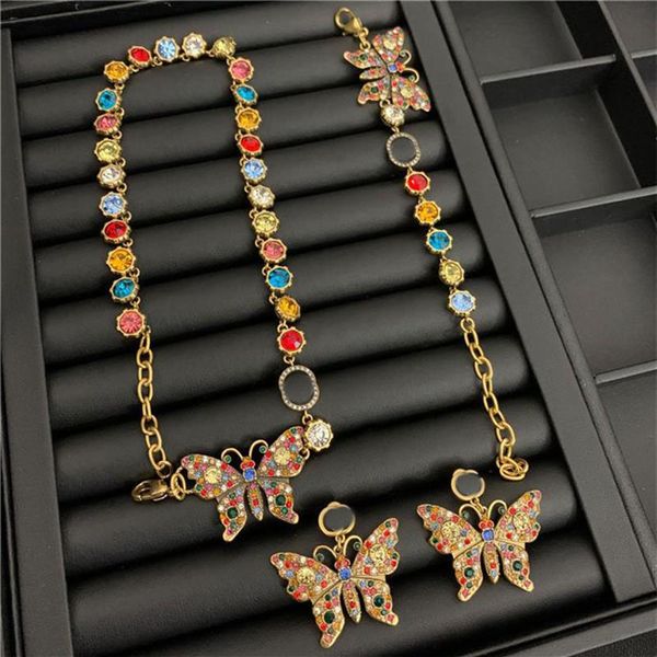 

vintage butterfly crystal necklaces color diamond earrings studs brand letters designer bracelet women luxury jewelry sets2746, Black