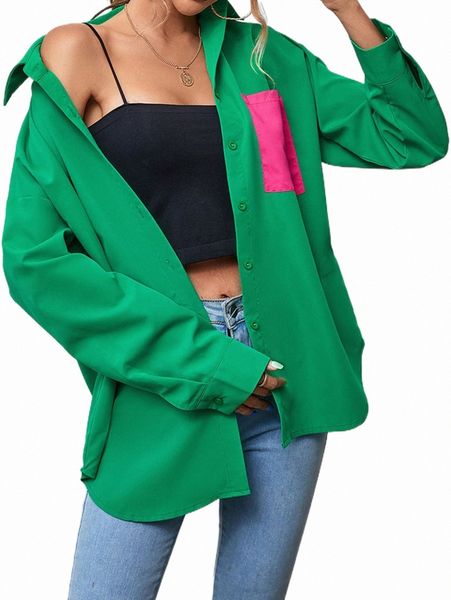 

women's blouses & shirts color block pocket patched shirt k847#, White