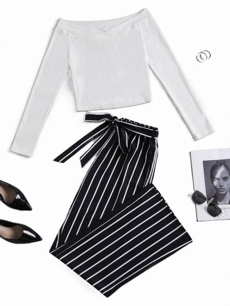 

two piece dress bardot crop tee with striped belted pants t81u#, White