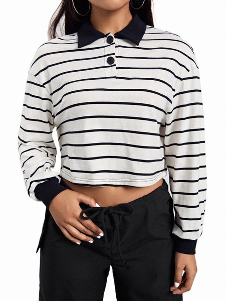 

women's hoodies & sweatshirts striped print polo neck crop sweatshirt h3tk#, Black
