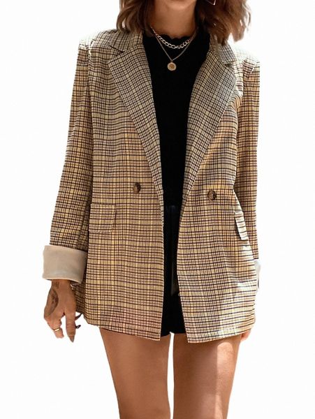 

women's two piece pants plaid lapel collar double button blazer h0th#, White
