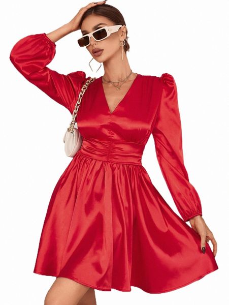 

casual dresses lantern sleeve ruched waist satin dress 45ri#, Black;gray