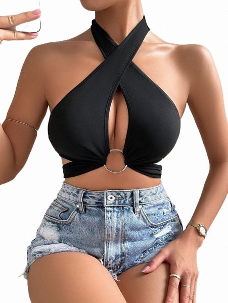 

women's tanks & camis criss cross ring halter t35d#, White