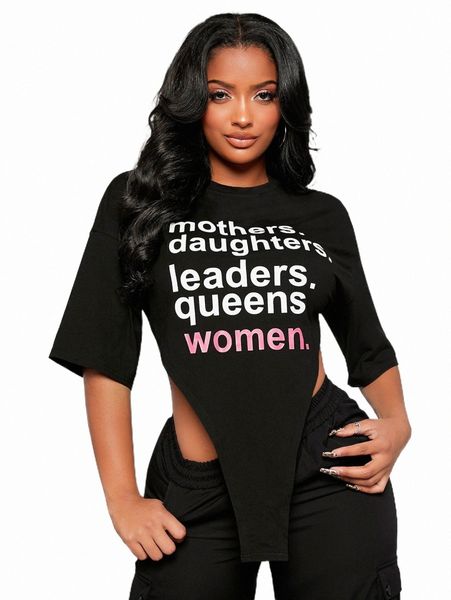 

women's t-shirt sxy letter graphic drop shoulder asymmetrical hem tee t9tv#, White