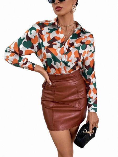 

women's blouses & shirts allover print button up satin shirt z6mr#, White