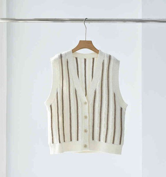 

women's knits tees autumn and winter 100% pure cashmere vest women's vertical stripe loose sleeveless sweater knitted outside, White
