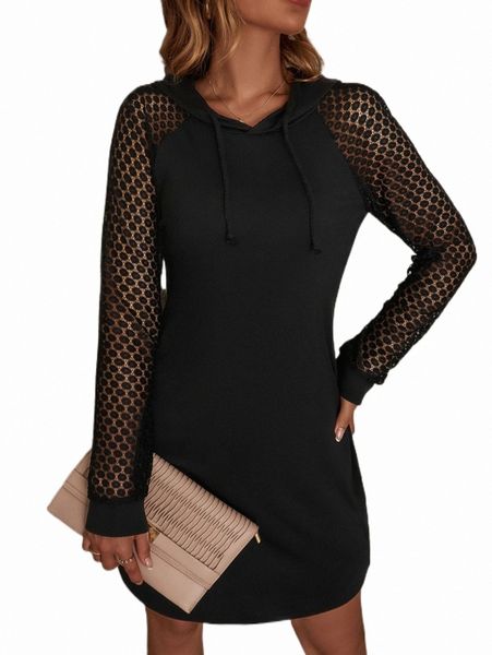 

women's hoodies & sweatshirts contrast lace drawstring hoodie dress 934k#, Black