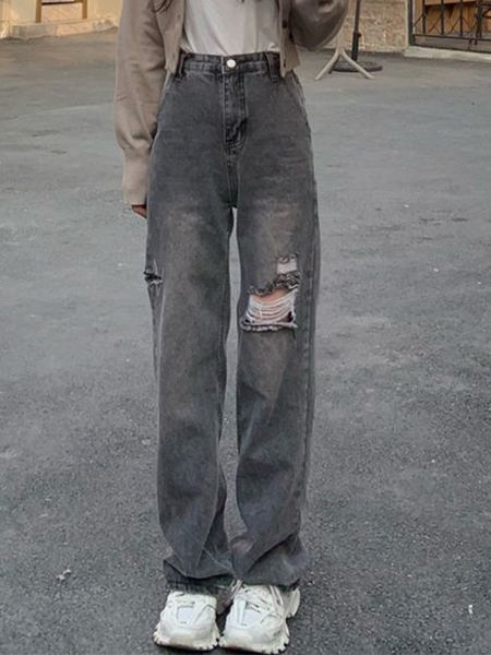 

women s jeans ripped straight high waist all match distressed pants streetwear loose wide legs women fashion 220907, Blue