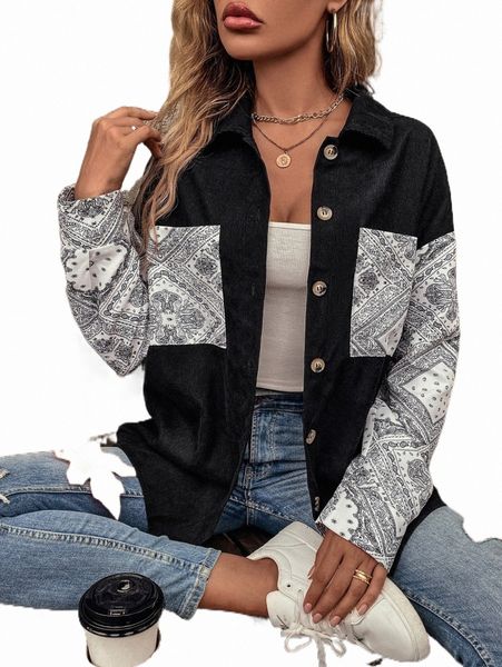 

women's down & parkas paisley scarf print drop shoulder corduroy coat k3ey#, Black