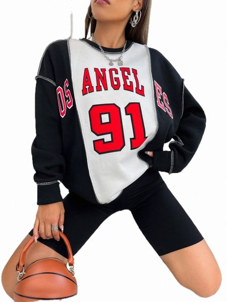 

women's hoodies & sweatshirts letter graphic colorblock sweatshirt 30lh#, Black