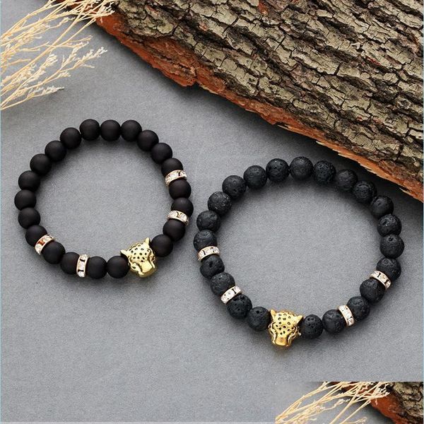

charm bracelets 8mm volcanic lava stone yoga beads bracelets gold sier leopard head essential oil per diffuser bangle fashion jewelry dhfwf, Golden;silver