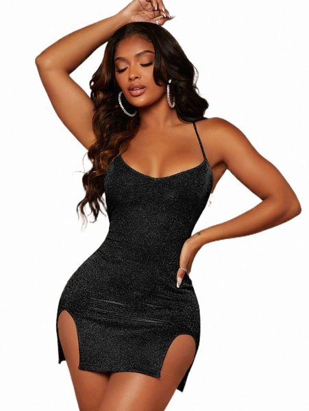 

casual dresses sxy split hem lace up backless metallic cami dress h1g5#, Black;gray