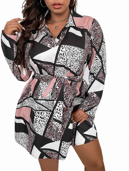 

plus size dresses plus patchwork print belted shirt dress c6gb#, Black