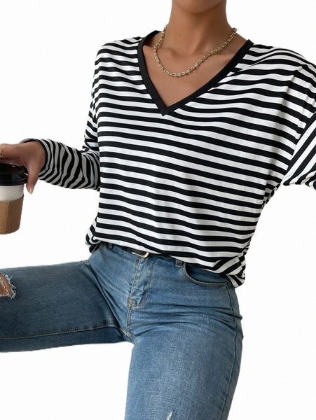 

women's t-shirt striped print v neck tee 2022 new s3kp#, White
