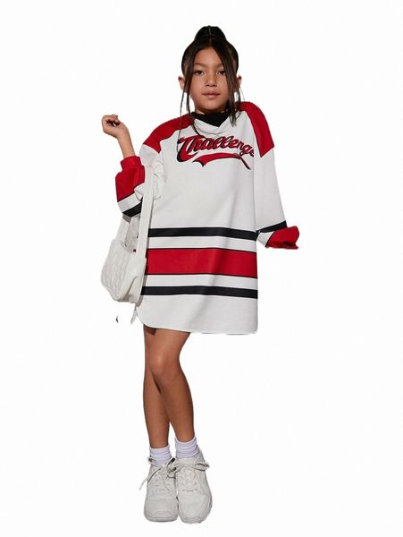 

others apparel girls striped & letter graphic drop shoulder sweatshirt dress 41dn#, Black;white