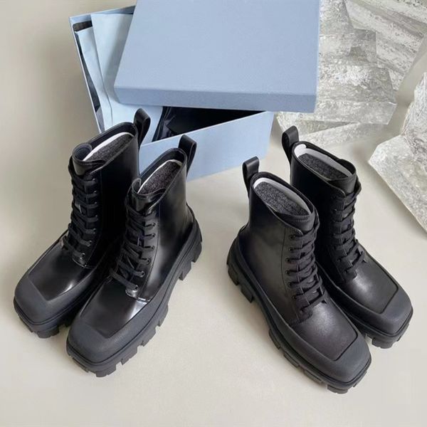

new women boots outdoor thick bottom black leather lace up biker booties for women luxury designer shoes factory footwear35-40