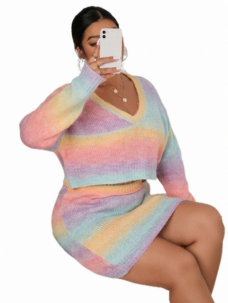 

plus size t-shirt plus ombre drop shoulder sweater & knit skirt w3y5#, Black