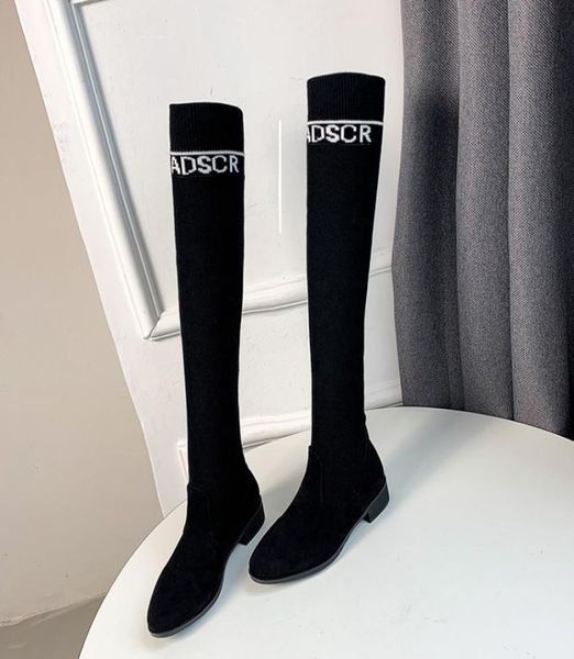 

boots black knitted elastic suede over the knee thigh high boot invisble