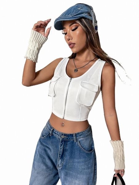 

women's tanks & camis flap pocket zip up tank w3iu#, White
