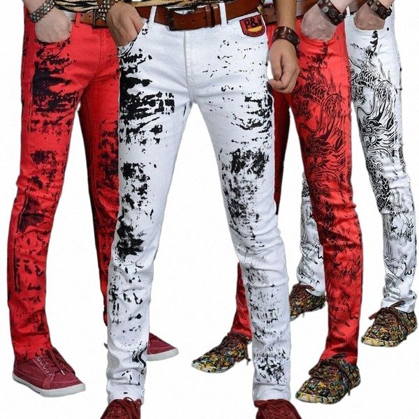 

men's jeans men's jeans splash print men's korean version of the trend casual trousers slim feet personality pattern flower p, Blue