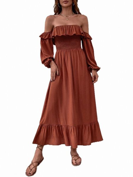 

casual dresses off shoulder ruffle trim lantern sleeve dress a2l2#, Black;gray