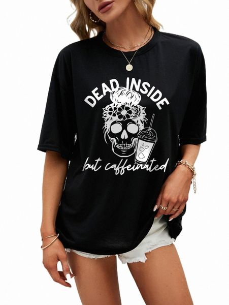

women's t-shirt skull and letter graphic drop shoulder tee w5e8#, White