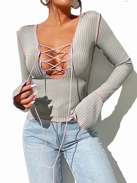 

women's t-shirt lace up contrast titching crop tee u9u2#, White