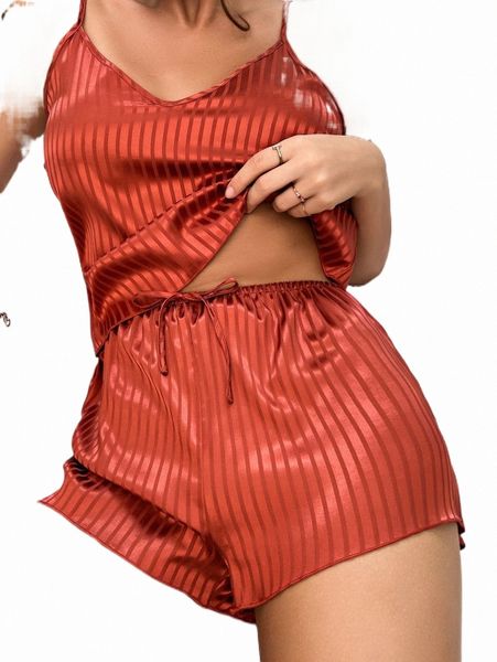 

women's sleepwear striped tie front cami satin pj set n43z#, Black;red