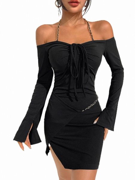 

casual dresses chain detail drawstring ruched split hem dress x3v7#, Black;gray