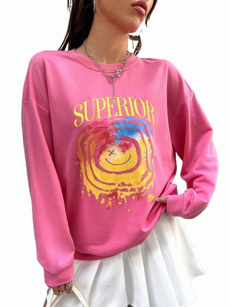 

women's hoodies & sweatshirts letter & cartoon face print drop shoulder sweatshirt 79ra#, Black