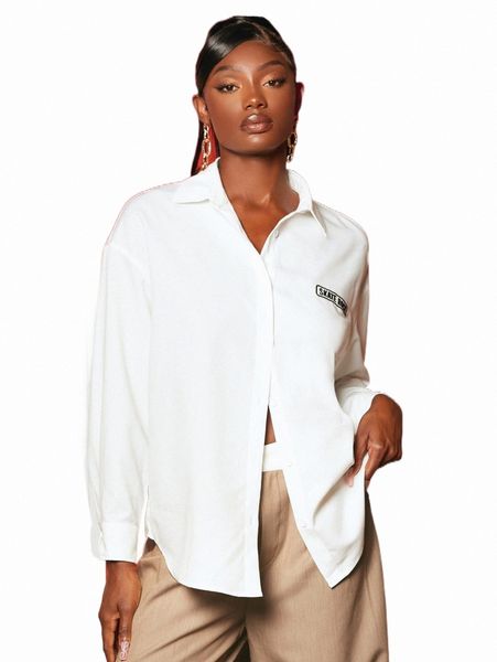 

women's blouses & shirts 1pc letter patched button front curved shirt v7w4#, White