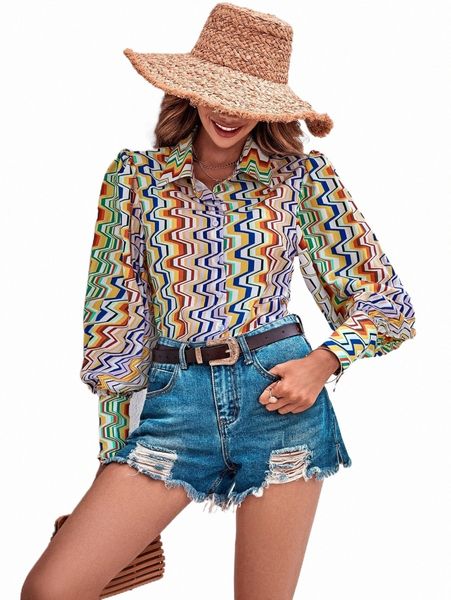 

women's blouses & shirts allover print bishop sleeve shirt 86pj#, White