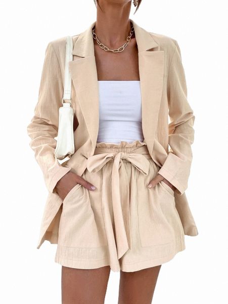 

two piece dress lapel neck blazer & paperbag waist belted shorts 93vx#, White