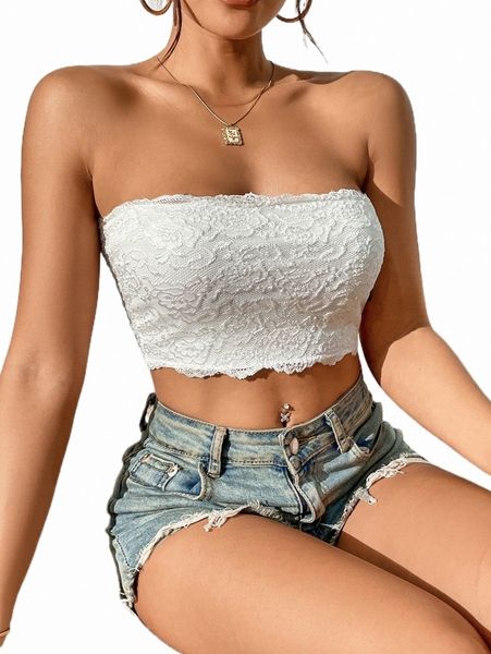 

women's t-shirt petite contrast lace crop tube 374m#, White