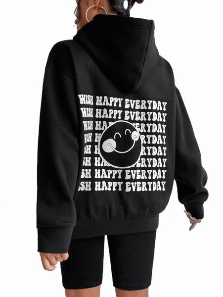 

women's hoodies & sweatshirts slogan & cartoon graphic drop shoulder hoodie r3xf#, Black