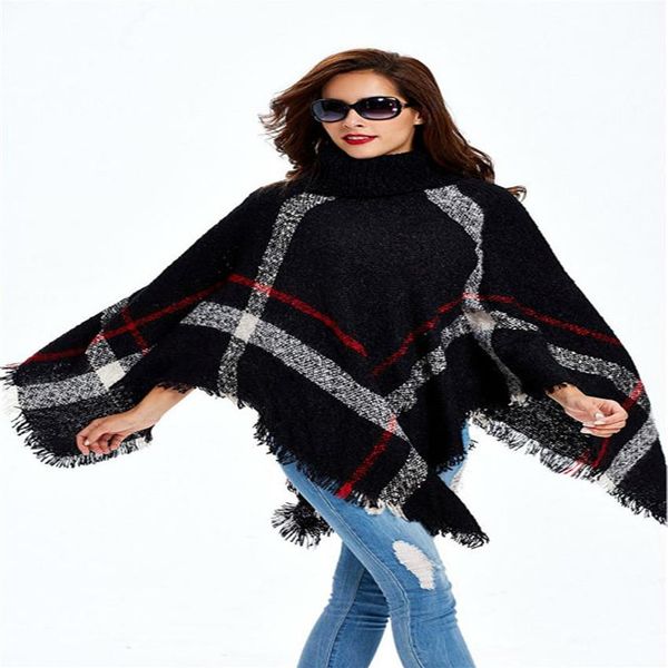 

fashion- plus size women's wool plaid cardigan turtleneck cape batwing sleeve knit poncho sweater female tassel scarf215c, Blue;gray
