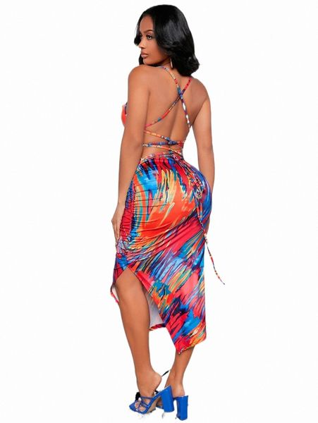 

casual dresses sxy tie dye lace up backless split ruched side dress h2av#, Black;gray