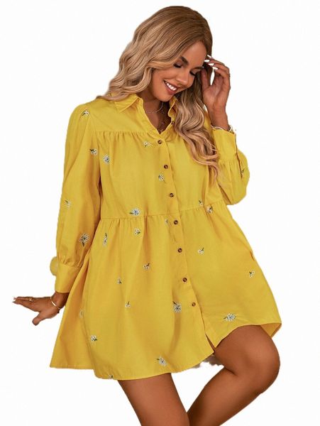 

casual dresses floral embroidery button up smock dress k0fm#, Black;gray