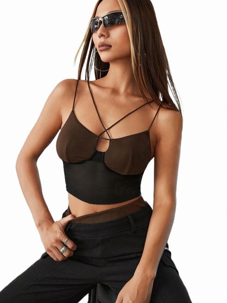 

women's tanks & camis criss cross contrast mesh crop cami r8ow#, White